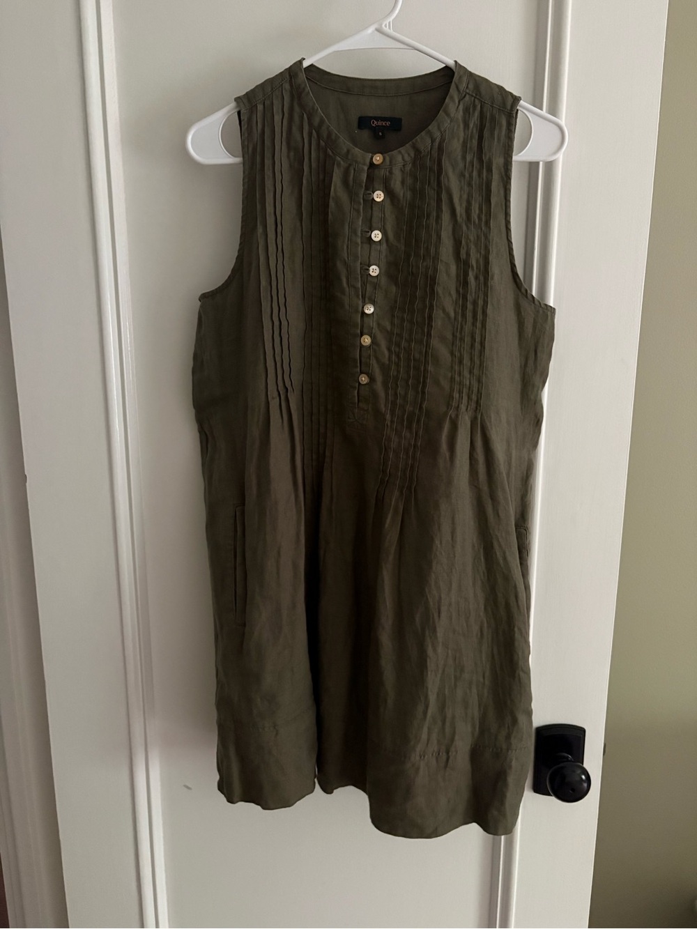 Quince Bayberry Olive 100% European Linen Sleeveless Swing Dress